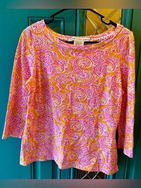 Gretchen Scott Paisley Jersey Top Size S Pink Orange 3/4 Sleeve Boat Neck Preppy